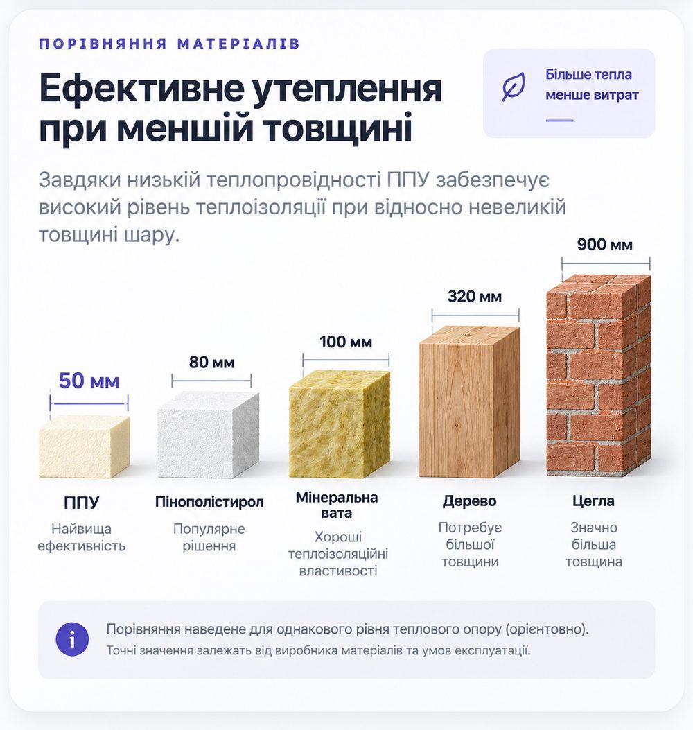 Порівняння товщини ППУ з іншими утеплювачами