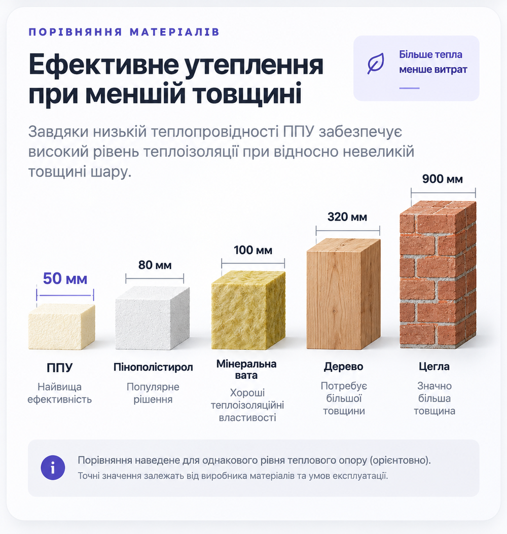 Порівняння товщини ППУ з іншими утеплювачами